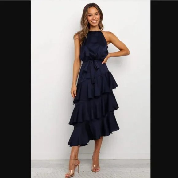 Petal & Pup Dresses & Skirts - Petal & Pup Navy Blue Satin Seychelle Ruffle Tiered Midi Dress 10